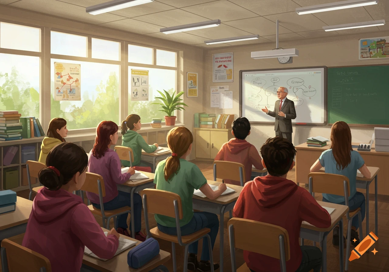 Students sit at desks in a sunny classroom, facing a teacher who stands at a whiteboard, giving a lesson.