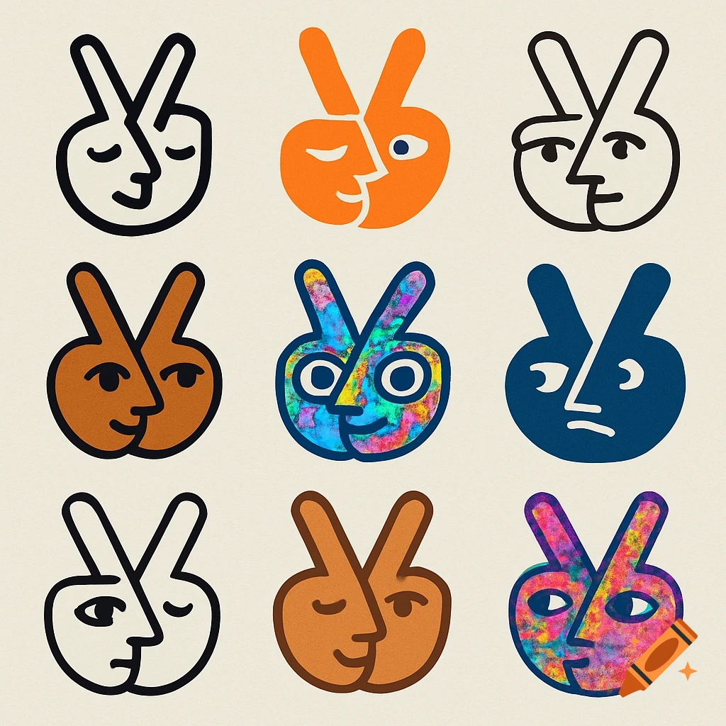 A grid of nine stylized peace sign logos, each featuring two faces forming the V-shape, in various colors and designs.