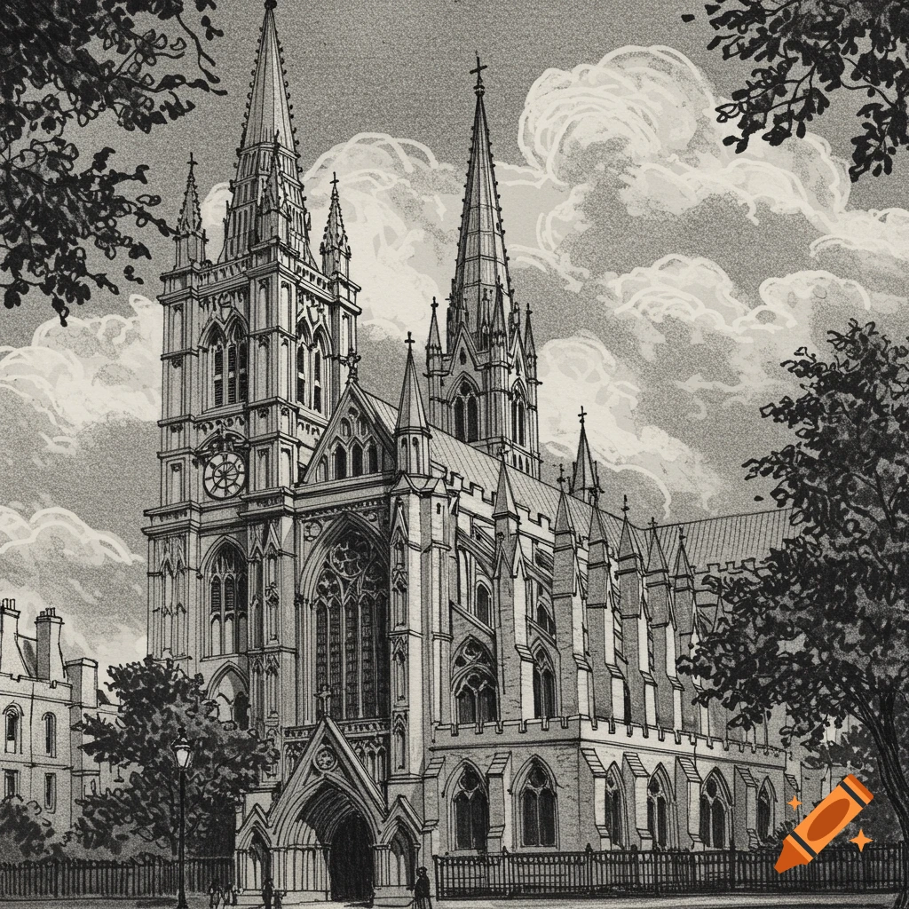 A detailed black and white sketch of a gothic-style cathedral with two spires and ornate facades, surrounded by trees and clouds.