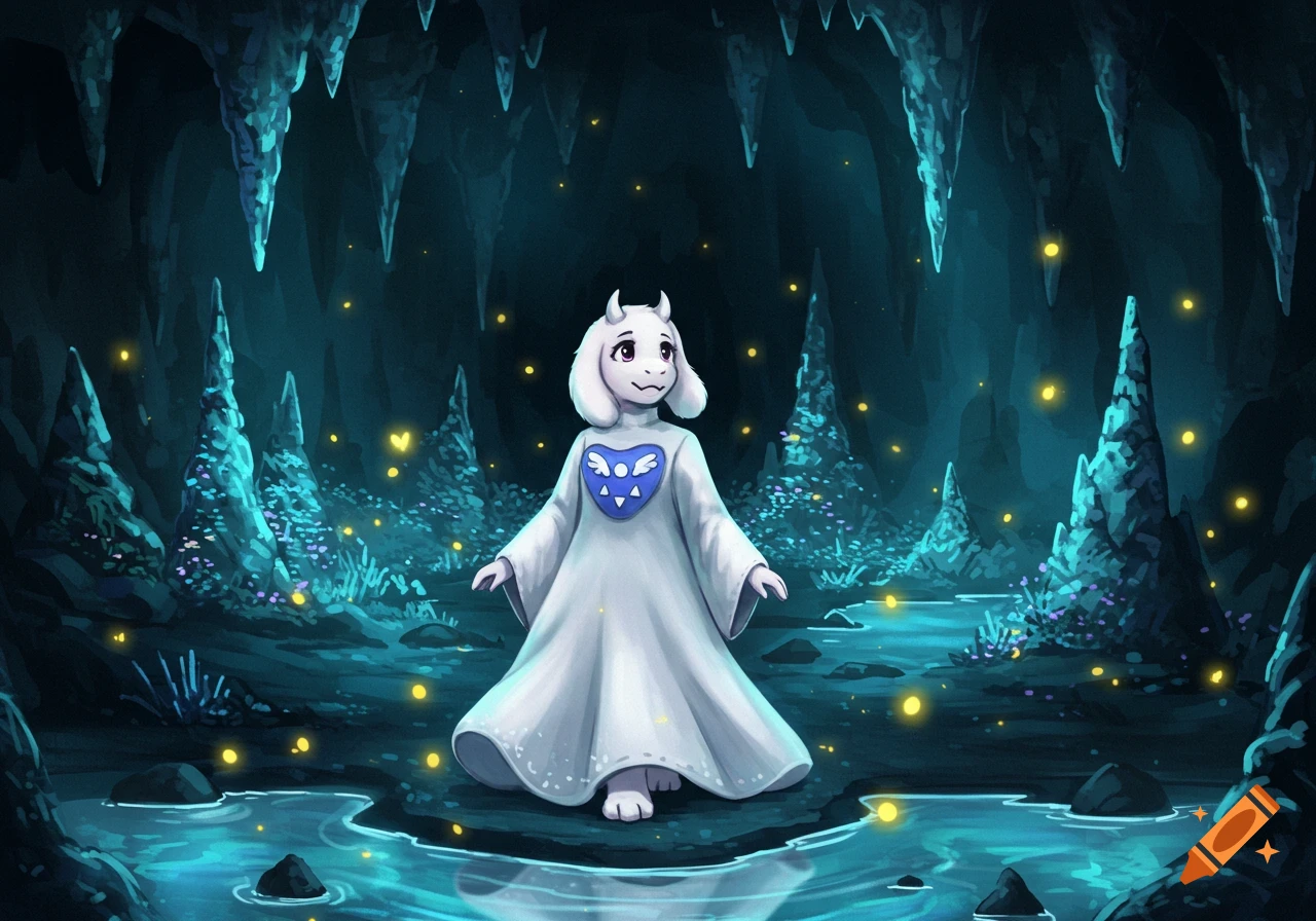 Toriel from Undertale in a white robe stands in a glowing blue cave with luminous plants and water.