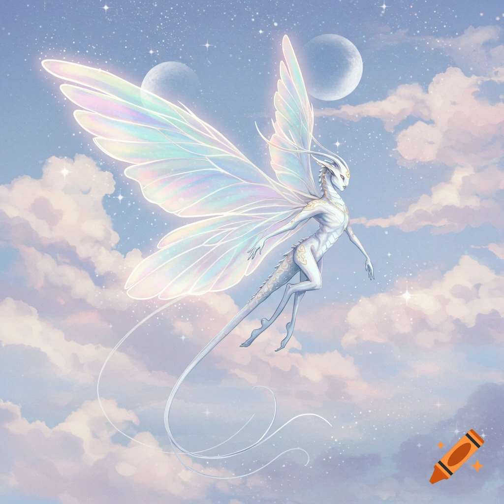 Ethereal white winged creature flying among pastel clouds and stars with multiple moons in the sky.