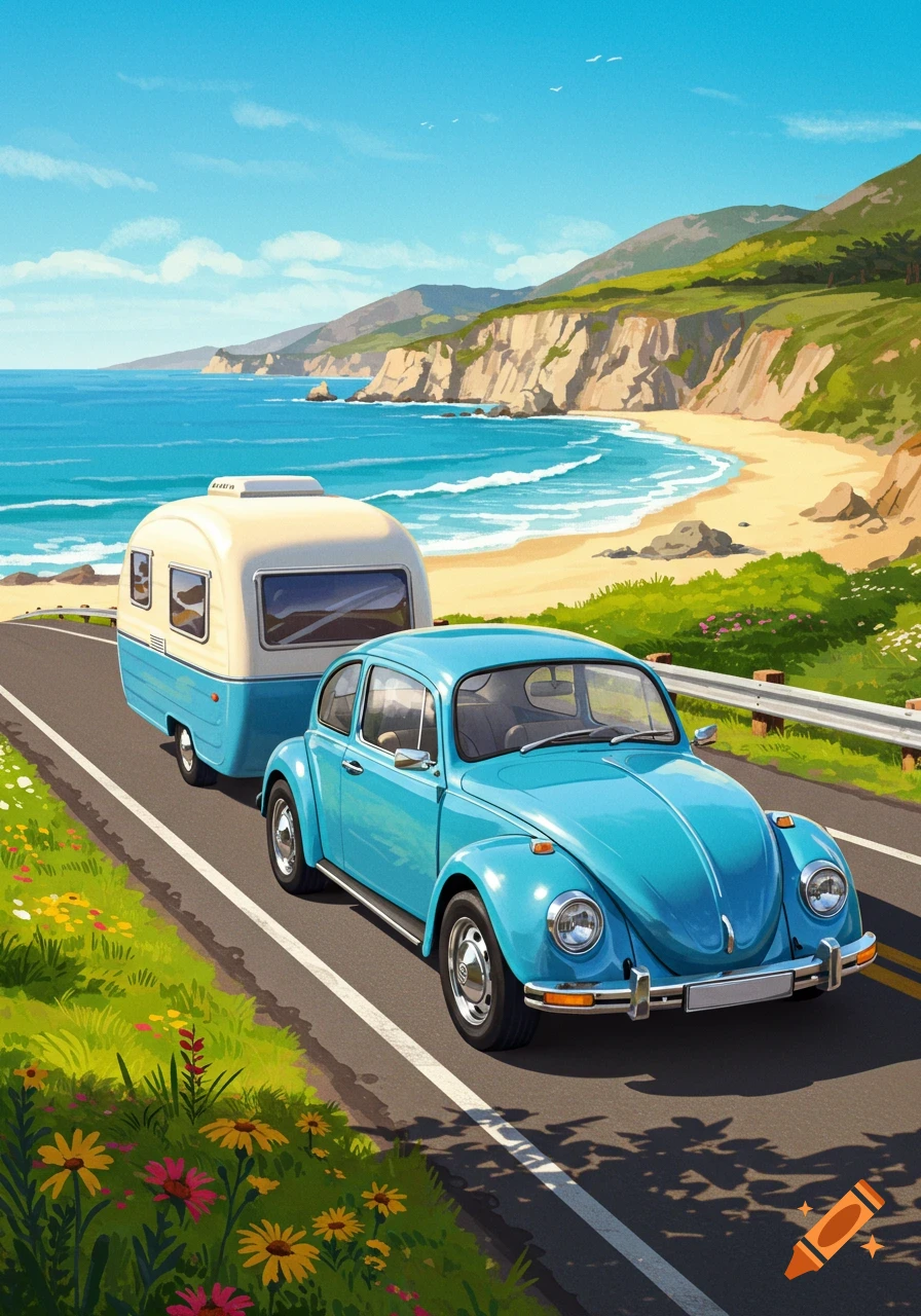 A blue Volkswagen Beetle pulling a white and blue travel trailer on a coastal road overlooking a sunny beach with cliffs and hills in an illustrative style.