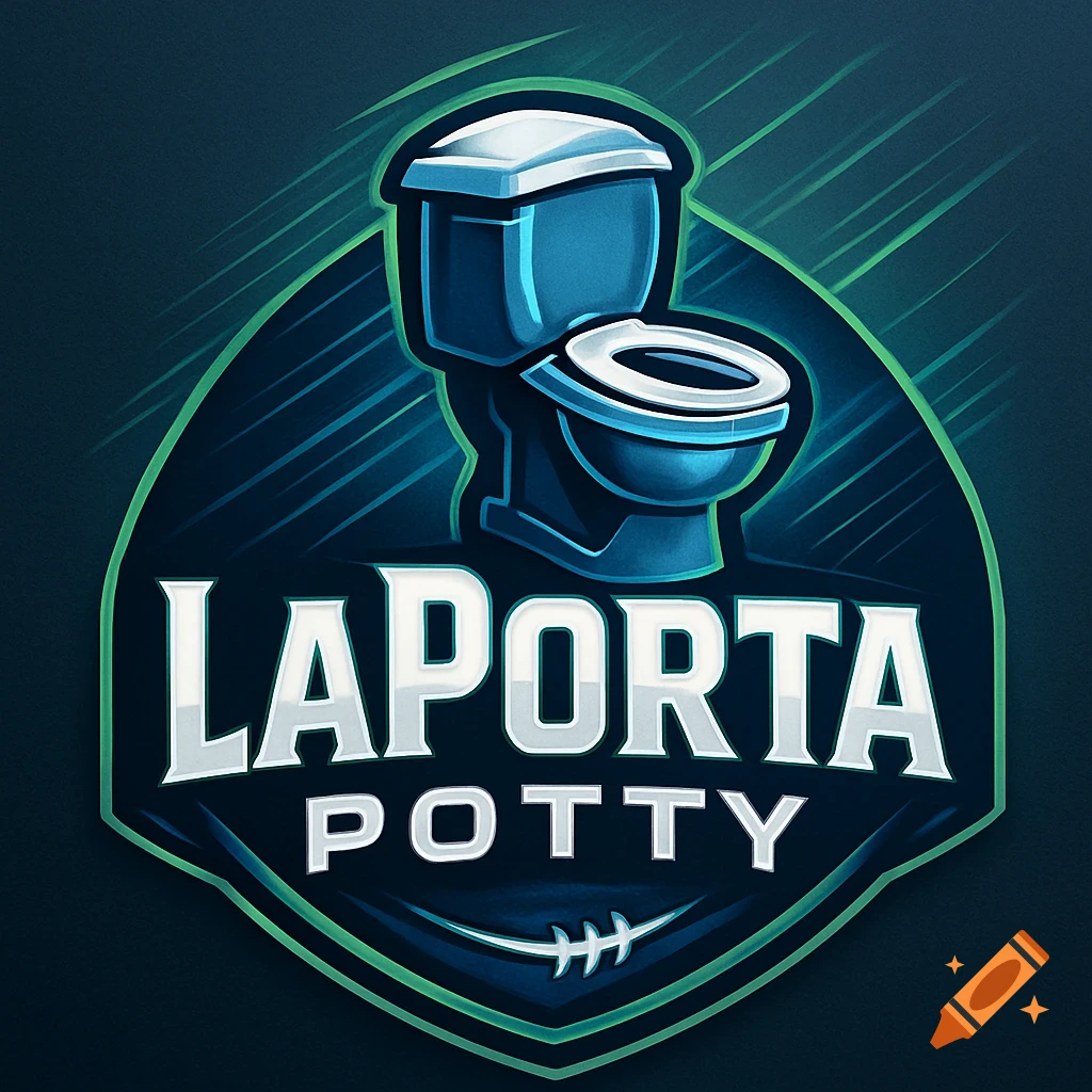 A digital art sports logo featuring a blue toilet with white text 'LAPORTA POTTY' and a football icon.