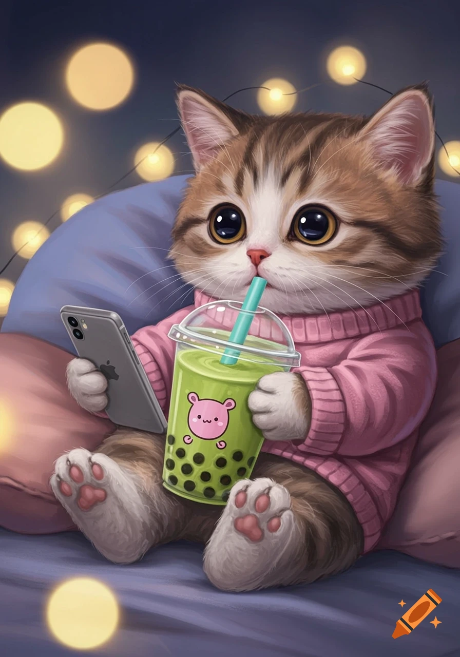 A cute cartoon kitten in a pink sweater sips boba tea through a straw while looking at a mobile phone, surrounded by warm lights.