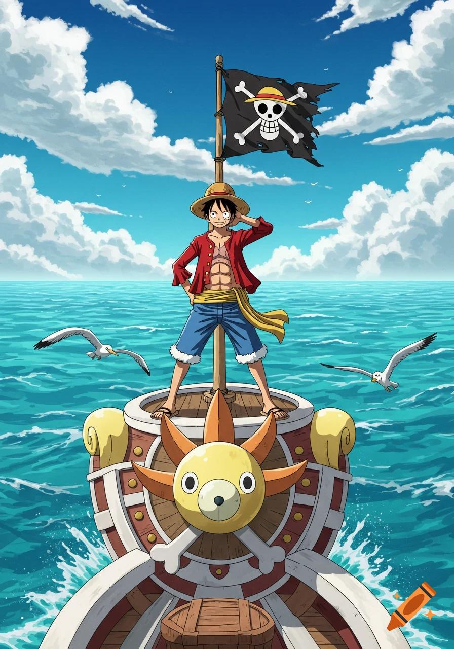 Anime illustration of Monkey D. Luffy standing on his pirate ship, Thousand Sunny, on the open ocean under a blue sky.