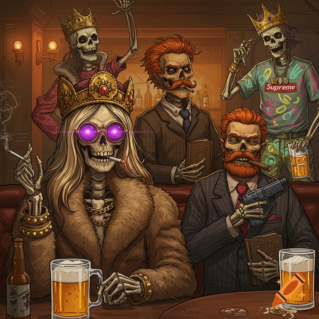 Comic book style illustration of five skeletons in a bar. One with blonde hair and purple glasses wears a fur coat and crown, smoking. Another, with a ginger mustache, holds a gun and book. A third wears a 'Supreme' shirt and neon pants.