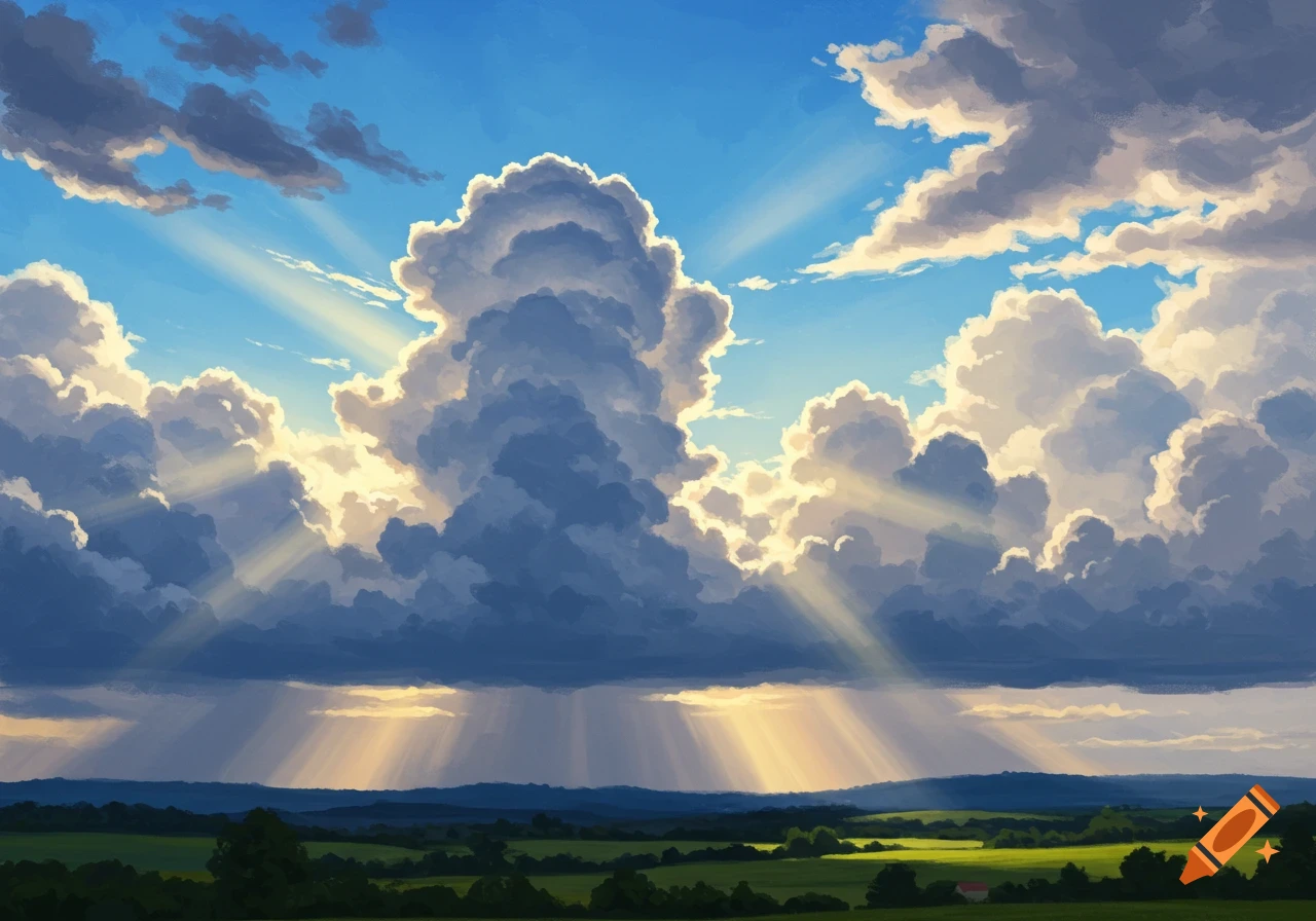 Sun rays break through dramatic, towering clouds over a vibrant green landscape.