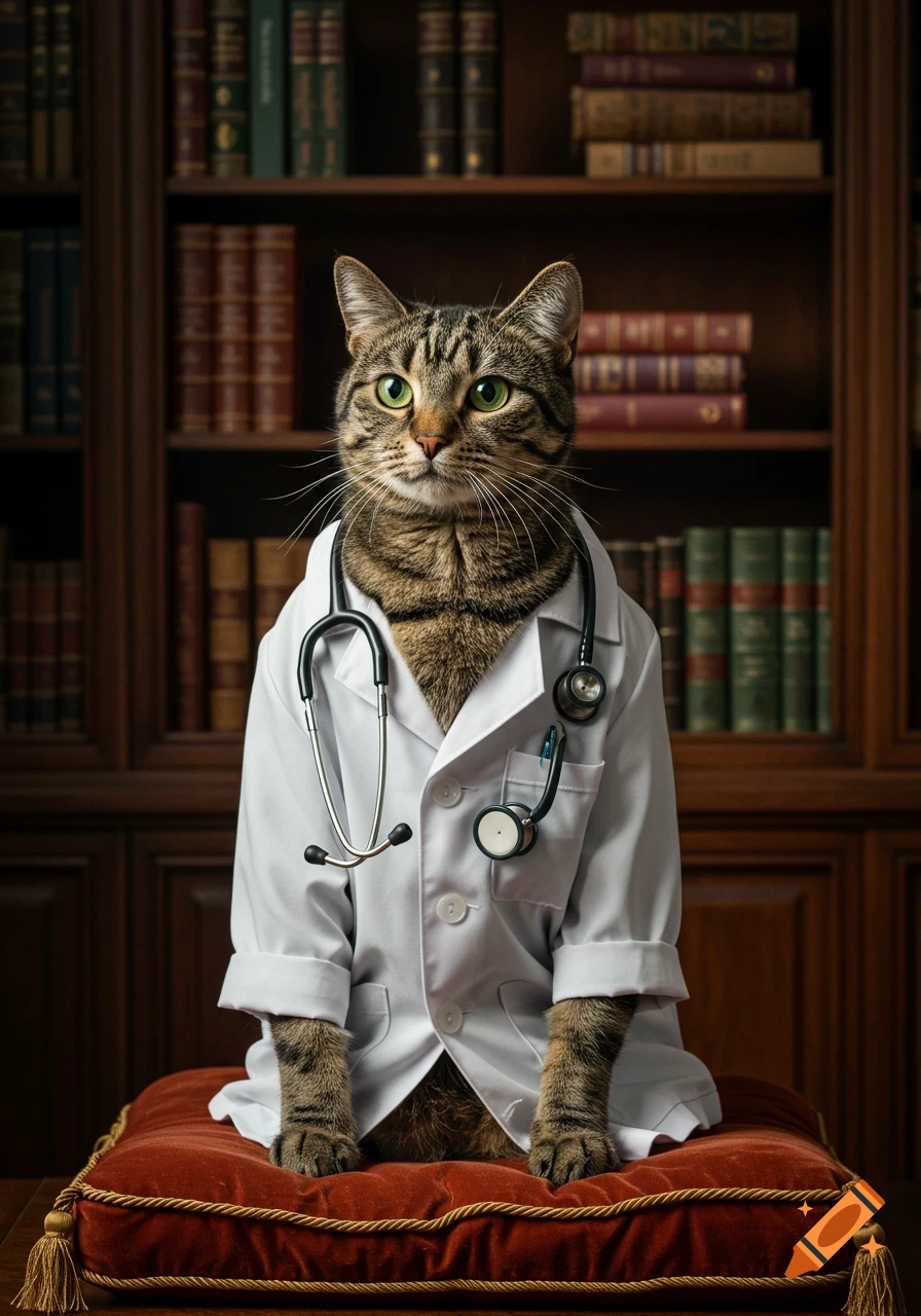 A photorealistic image of a tabby cat wearing a white doctor's coat and stethoscope, sitting on a red cushion in front of a bookshelf.
