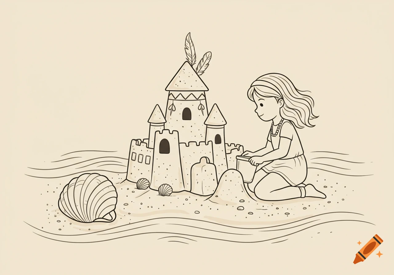 A simple outline drawing of a young girl building a sandcastle on a beach with a large seashell nearby.