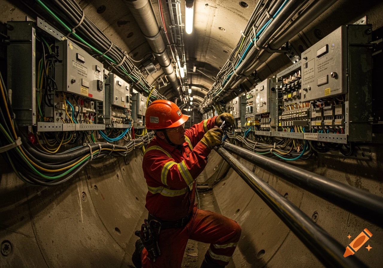 A photorealistic image of a worker in an orange hard hat and jumpsuit, kneeling and working on cables in a brightly lit underground tunnel.