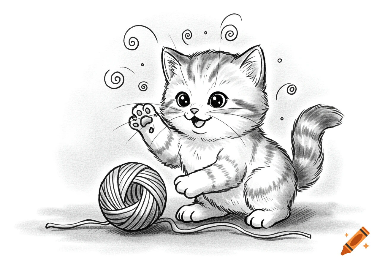 A cute kitten with large eyes and striped fur, playing with a ball of yarn in a black and white sketch style.