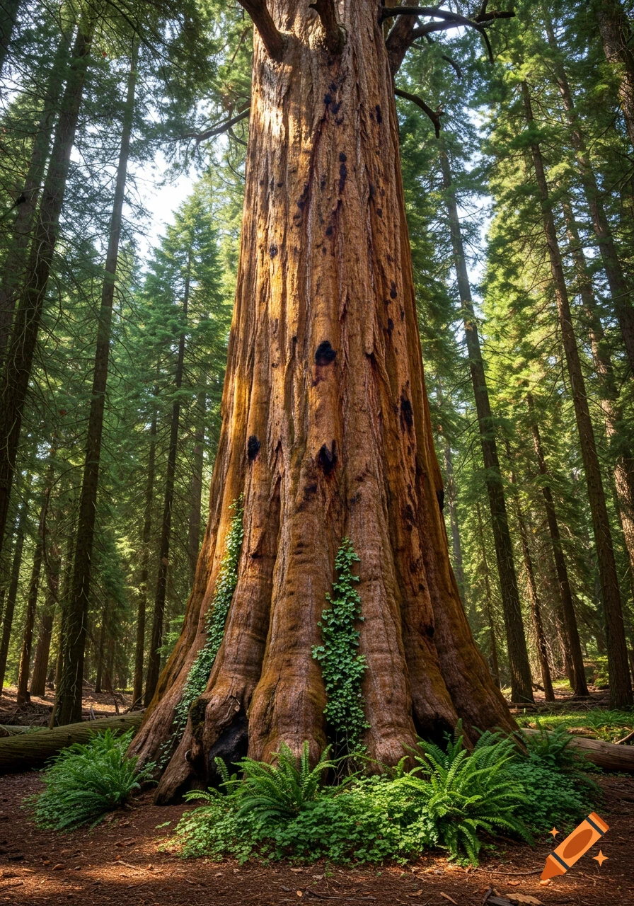 Photorealistic low-angle view of a massive redwood or sequoia tree in a sun-dappled forest, with green ferns and ivy at its base.