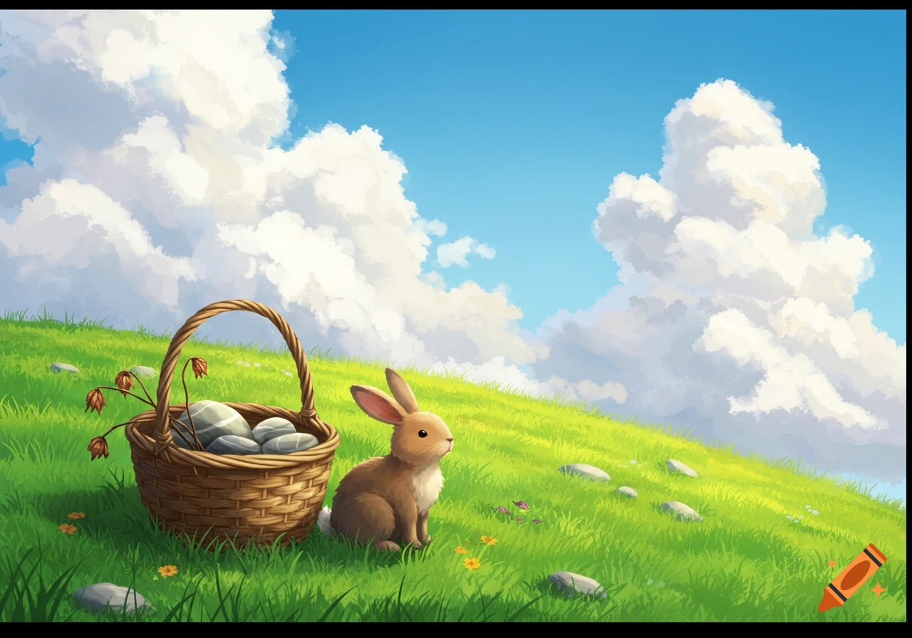 A brown bunny sits next to a wicker basket filled with rocks and dead flowers on a lush green hillside under a blue sky with fluffy clouds, in a stylized illustration.