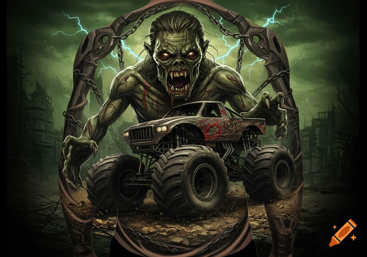 A menacing green zombie creature with glowing eyes and sharp teeth stands behind a monster truck with red designs. Dark, stormy sky.