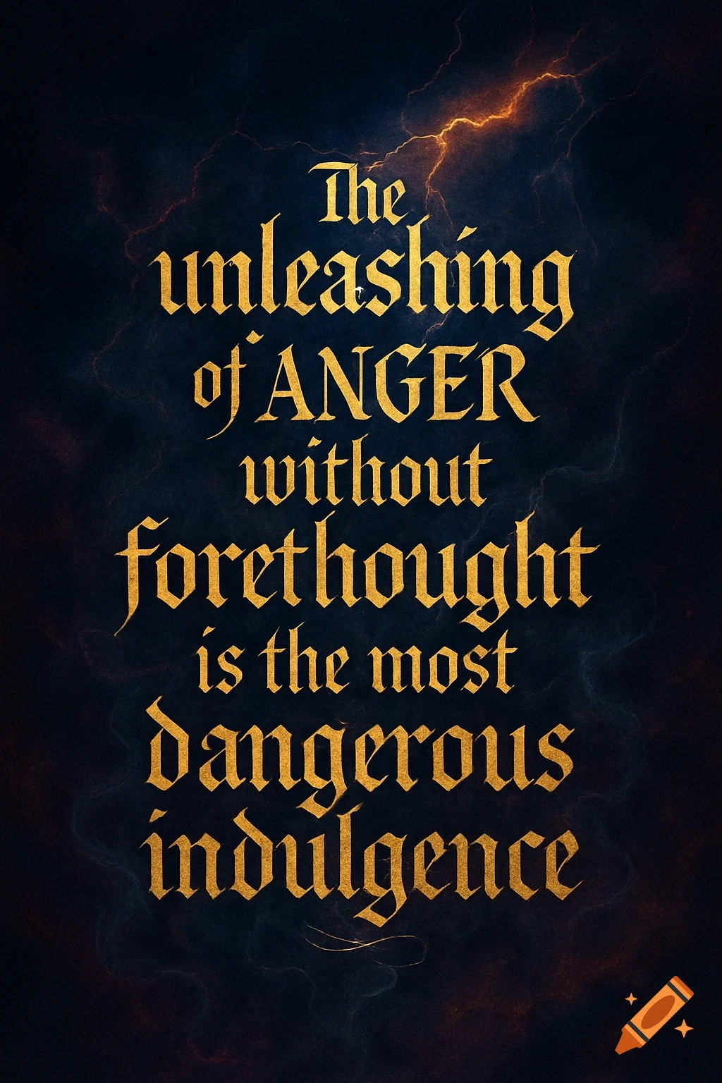 Golden calligraphy reads 'The unleashing of ANGER without forethought is the most dangerous indulgence' on a dark, stormy background with lightning.