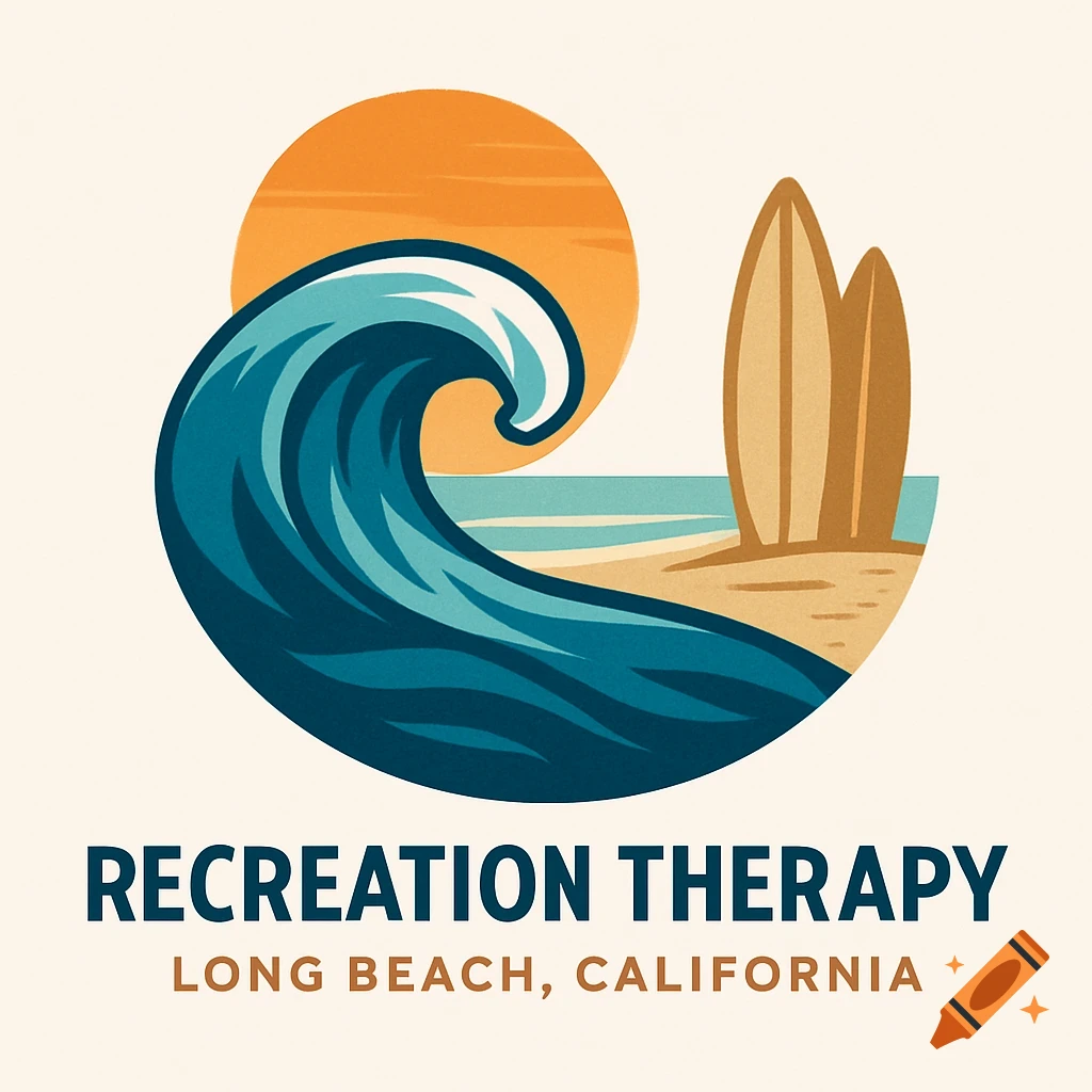 A graphic logo featuring a large blue wave, an orange sun, and two surfboards on a sandy beach. Text: 'RECREATION THERAPY LONG BEACH, CALIFORNIA'.