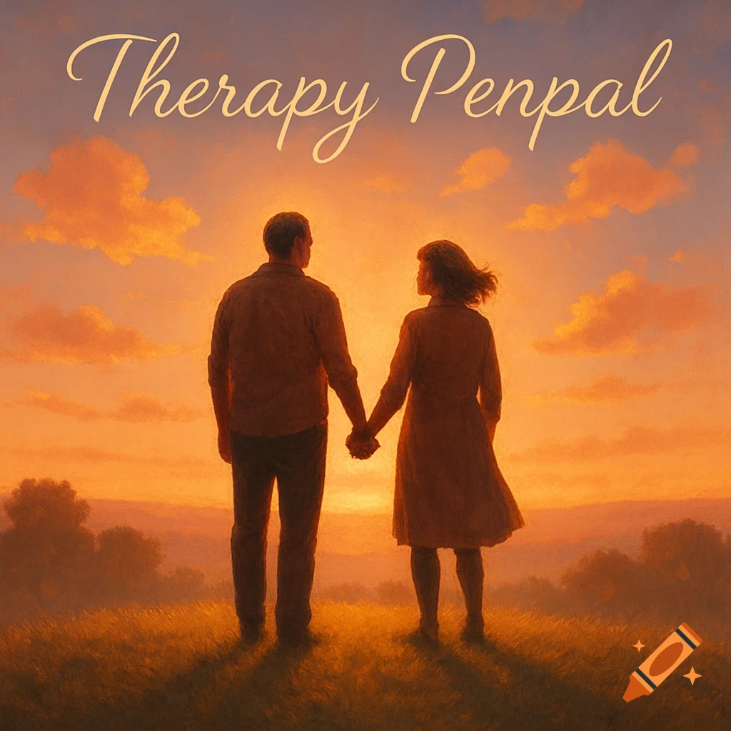 A man and woman hold hands, looking out at a vibrant orange sunset from a grassy hill. Text reads 'Therapy Penpal'.
