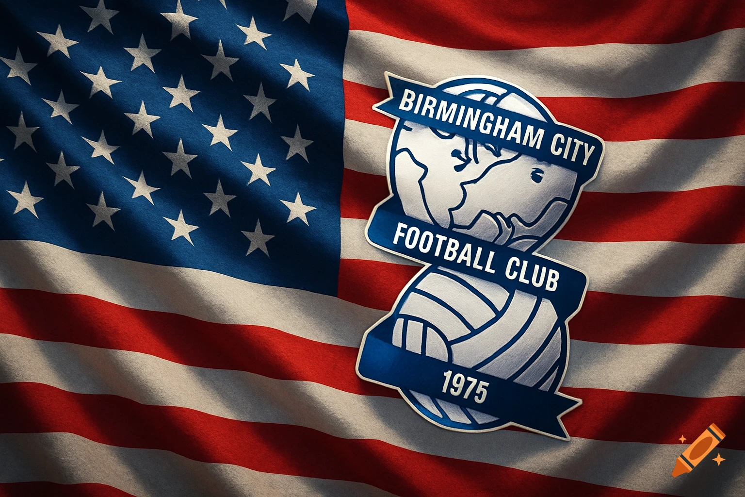 A textured American flag with the Birmingham City Football Club logo superimposed on the right.
