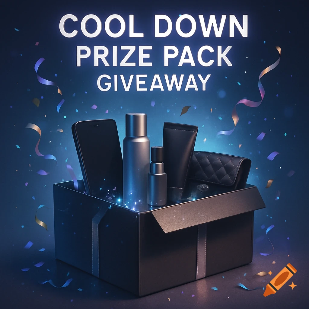 Black prize box with smartphone, bottles, and clutch, glowing blue, surrounded by confetti. Text: COOL DOWN PRIZE PACK GIVEAWAY.