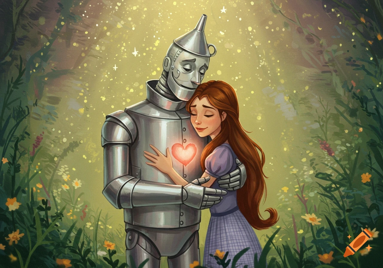 An illustration of the Tin Man hugging a girl with long brown hair, with a glowing red heart in his chest, in a whimsical forest setting.