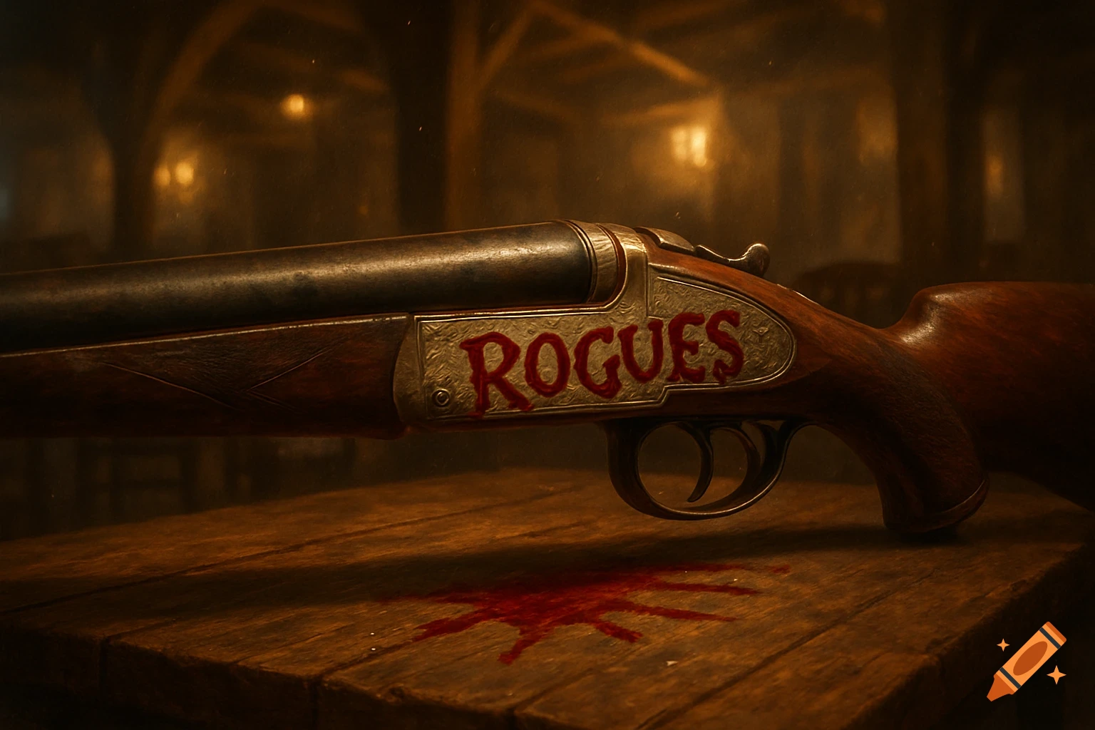 A close-up of a double-barreled shotgun with 'ROGUES' written in red, lying on a wooden table with red splatters.