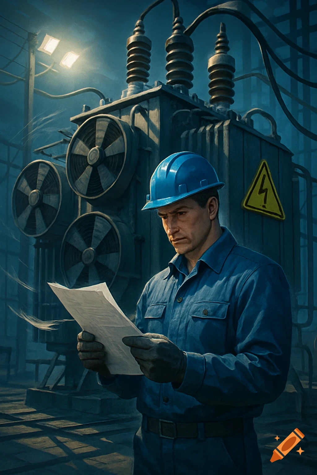 A man in a blue hard hat and work uniform reads a document in front of a large electrical transformer with cooling fans.