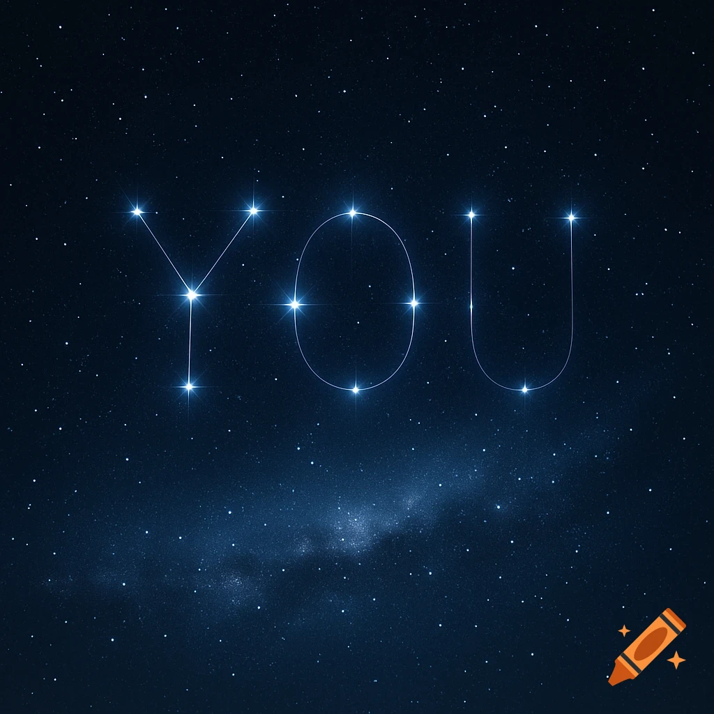 A constellation spelling out the word YOU against a dark starry night sky.