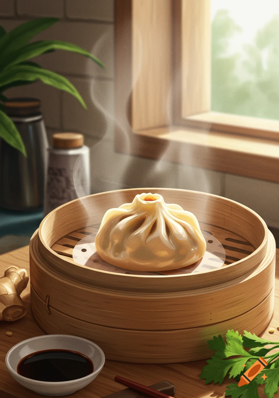 A steaming hot dumpling sits in a bamboo steamer on a wooden counter, next to soy sauce, ginger, and herbs, illuminated by window light.