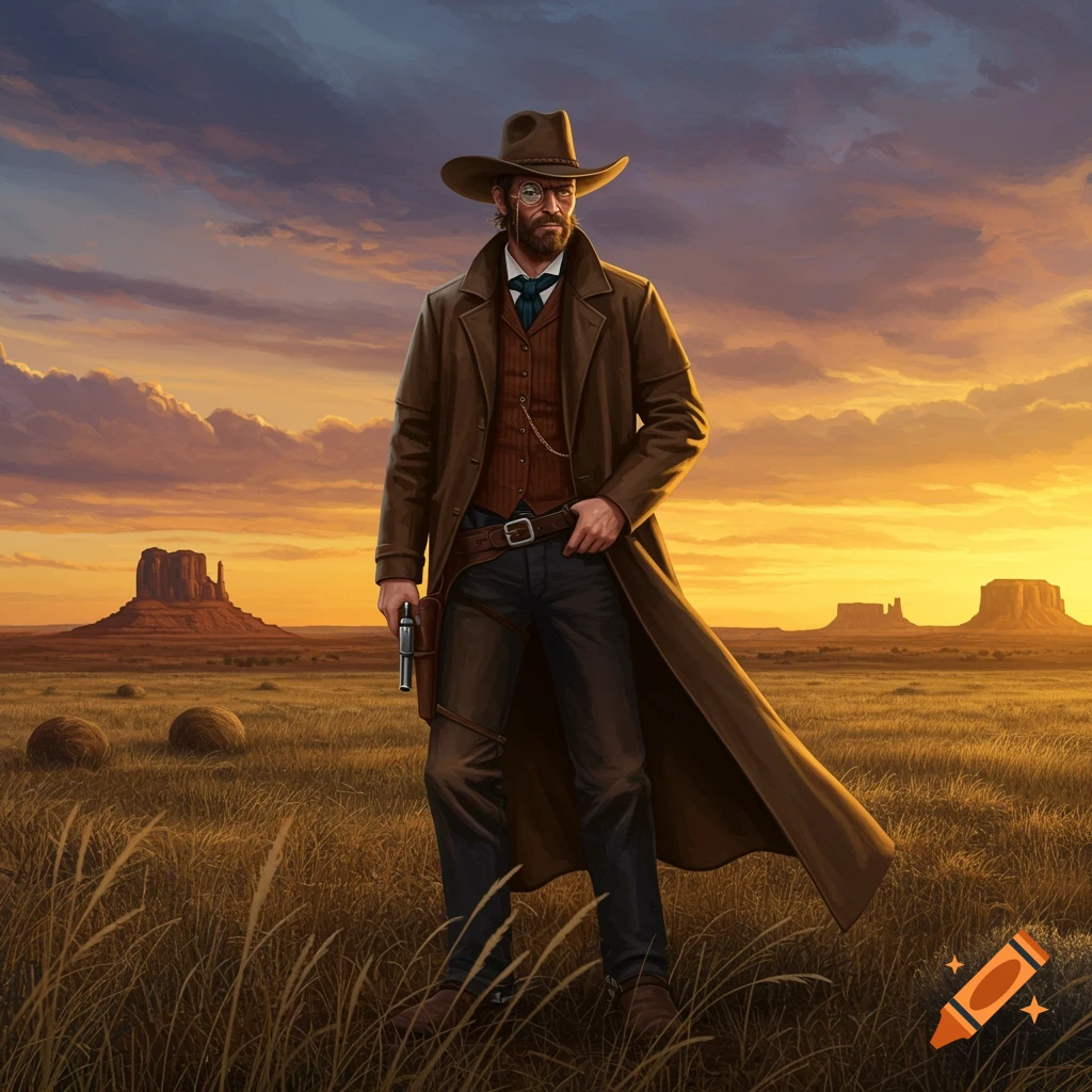 A cowboy with a monocle stands in a field with mesas at sunset, looking stoic.