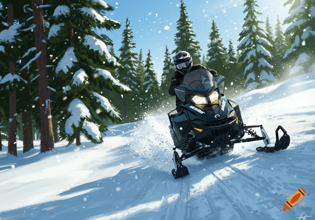 A snowmobile races through a snowy forest on a bright winter day. Snow falls around the rider on the black snowmobile.