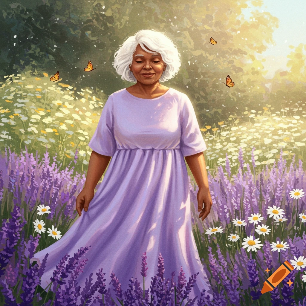 A woman with white hair in a purple dress stands in a vibrant field of lavender and daisies with butterflies.