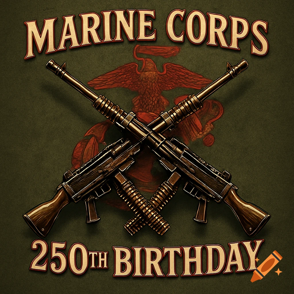 A vintage-style Marine Corps emblem with crossed machine guns and text "MARINE CORPS 250TH BIRTHDAY" on a dark green background.