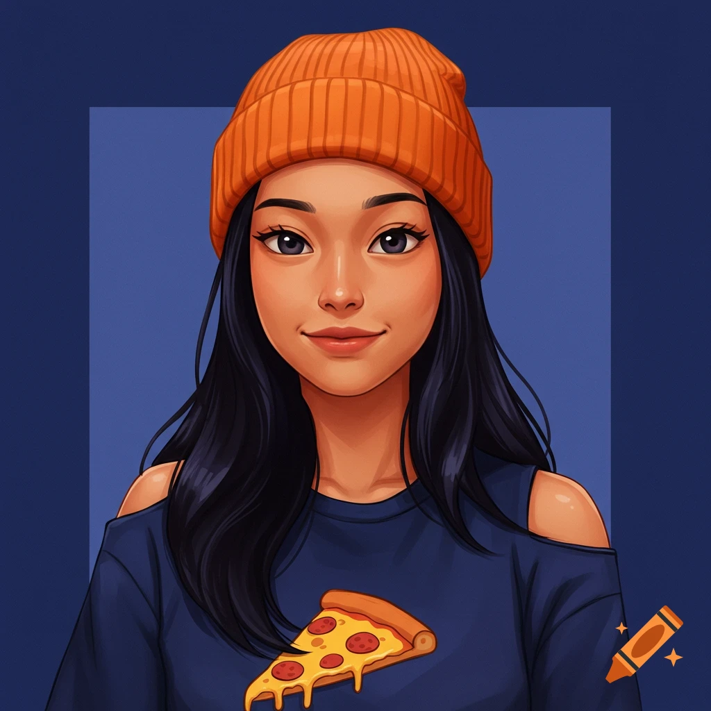 Stylized illustration of a girl with tan skin, orange beanie, long black hair, and a dark blue off-shoulder shirt with a pizza slice.
