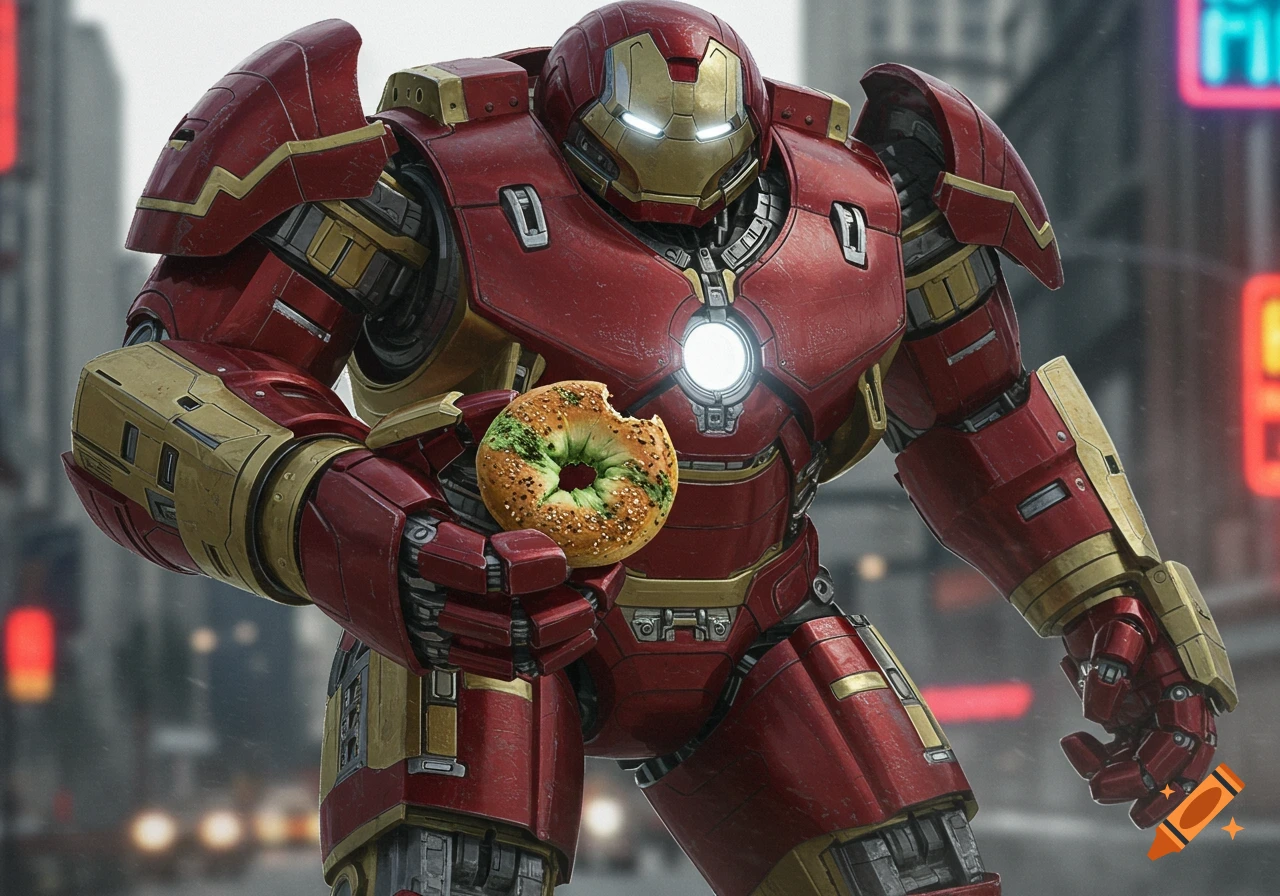 The Hulkbuster Iron Man suit holds a bitten, moldy bagel in a photorealistic city scene.