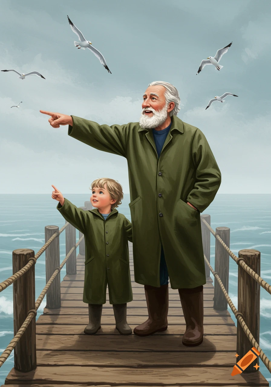 Illustrated man and boy in green coats on a wooden pier, pointing at seagulls over the ocean.