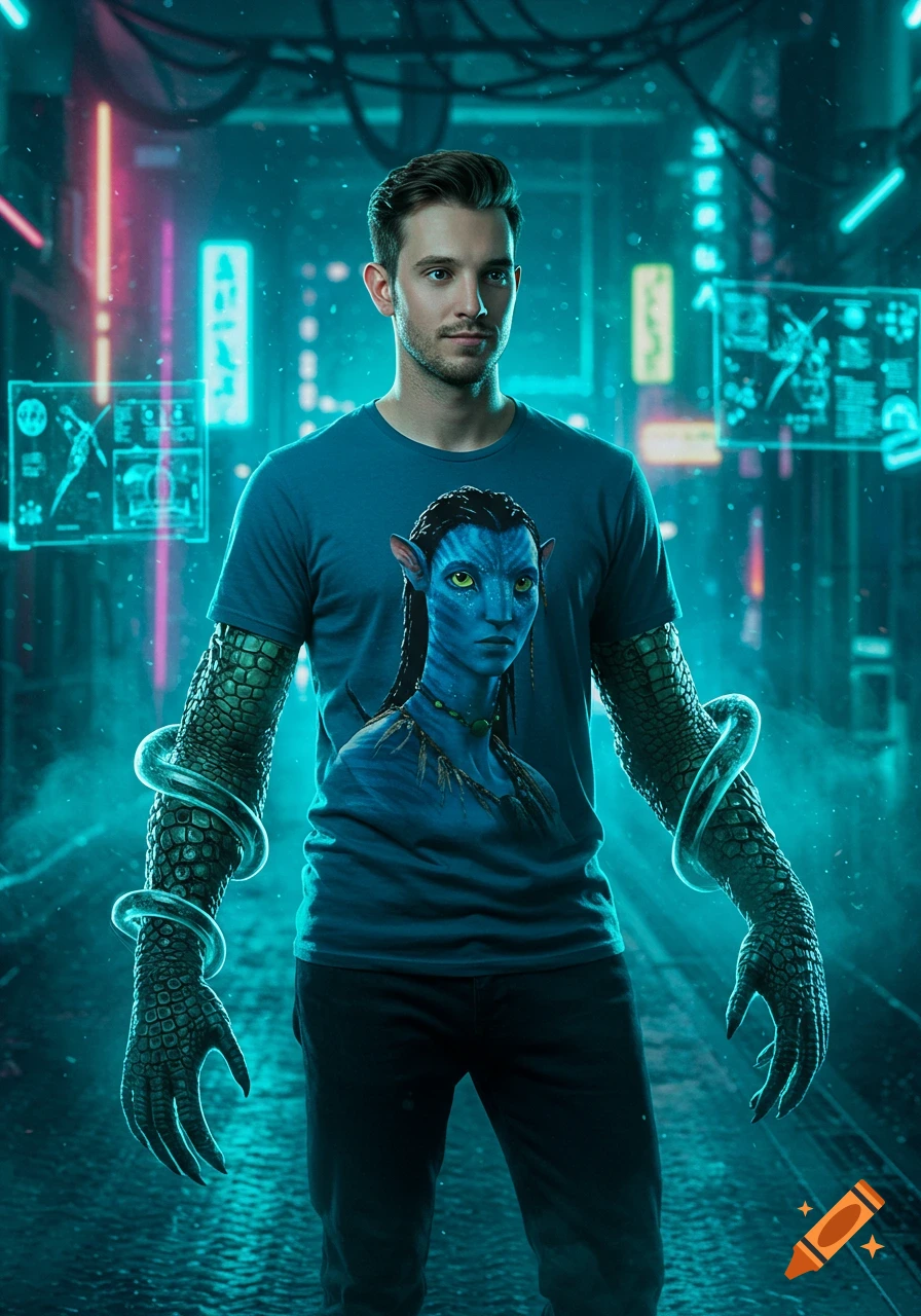 A man wearing an "Avatar" t-shirt with scaly, reptilian arms stands in a futuristic, neon-lit cyberpunk street.