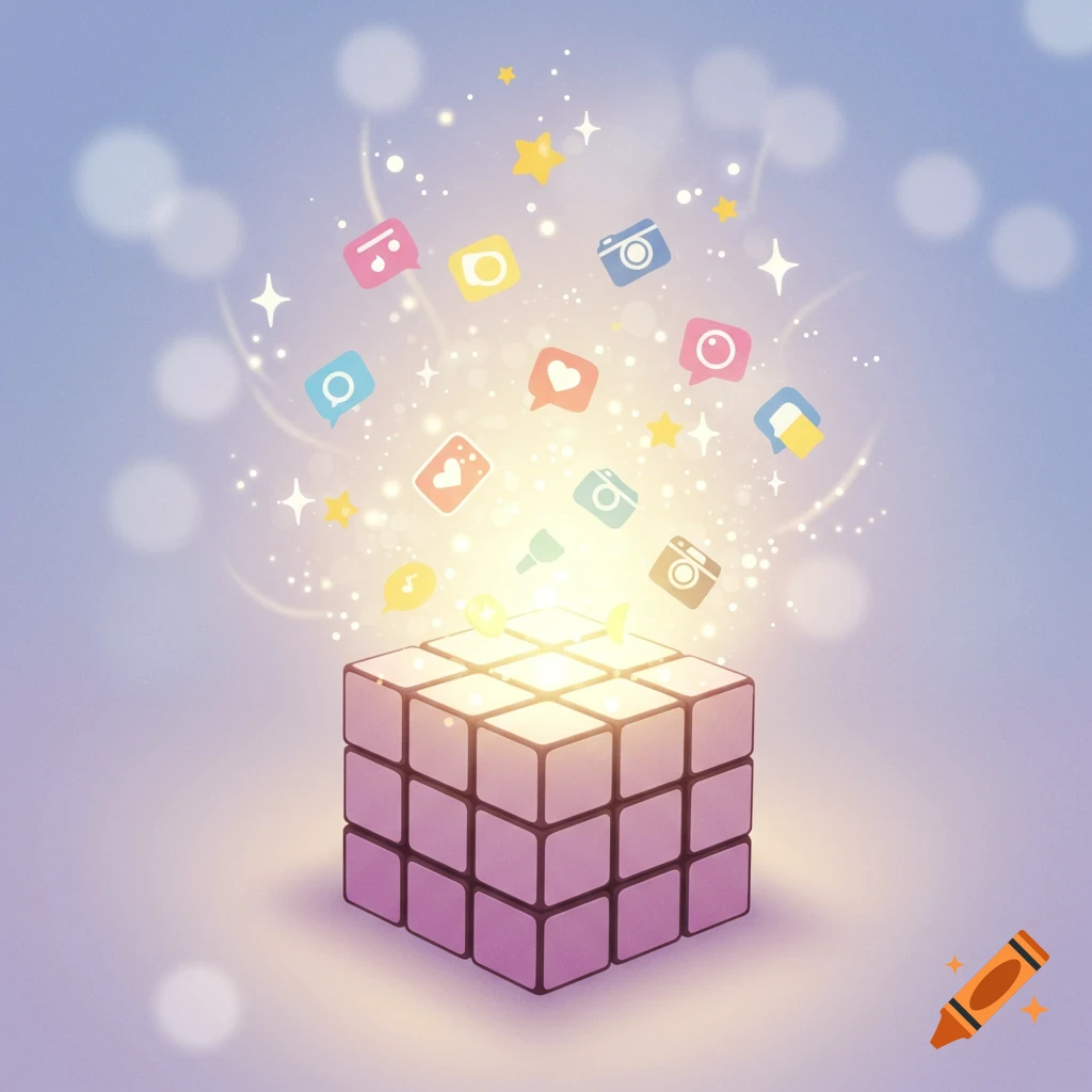 A cute drawing of a glowing Rubik's cube opening up, emitting colorful icons like cameras, chat bubbles, and stars.