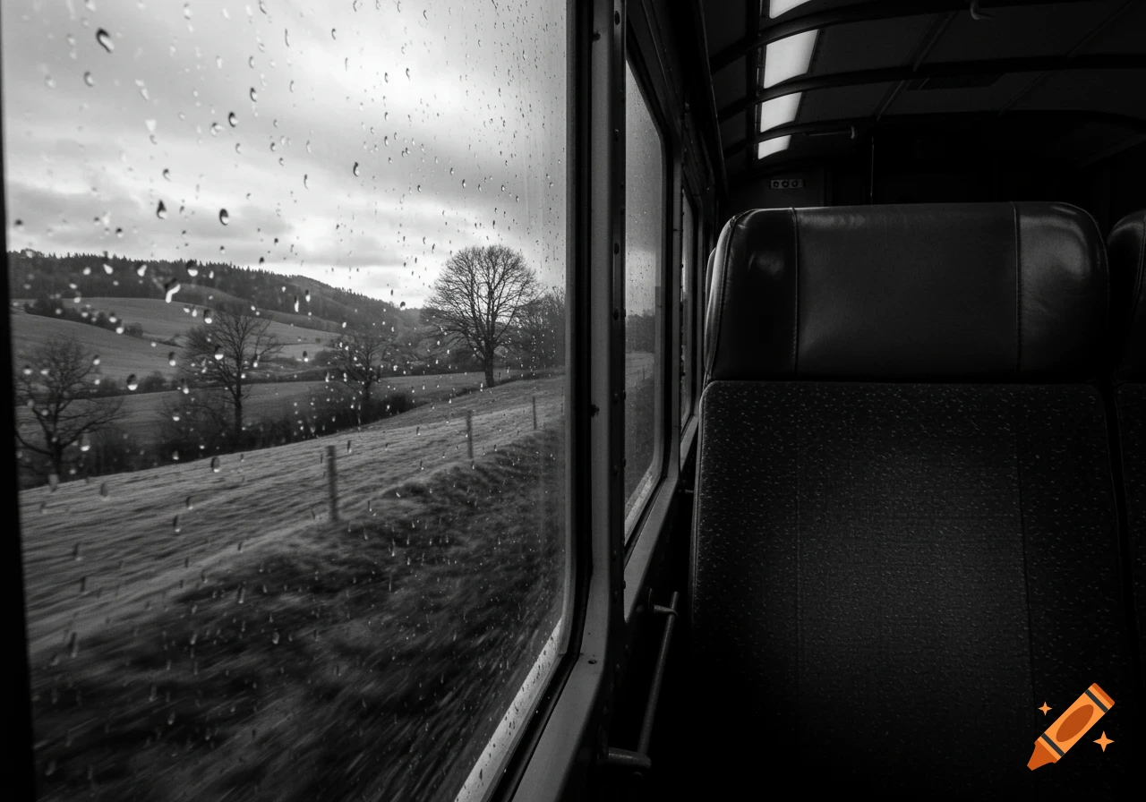 Monochrome view from a train window on a rainy day, showing a blurred landscape of rolling hills and trees.
