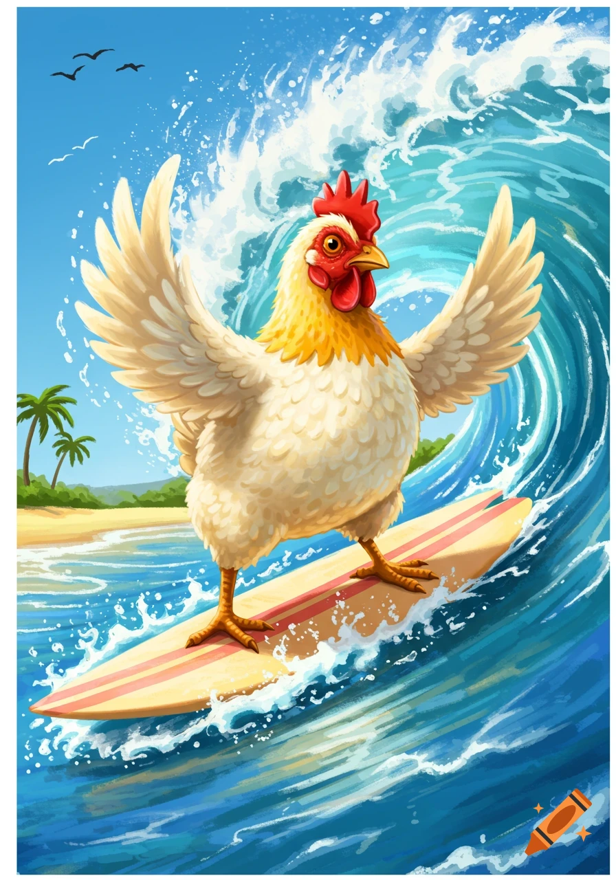 A cartoon chicken surfs a large blue wave on a surfboard near a sunny beach with palm trees.
