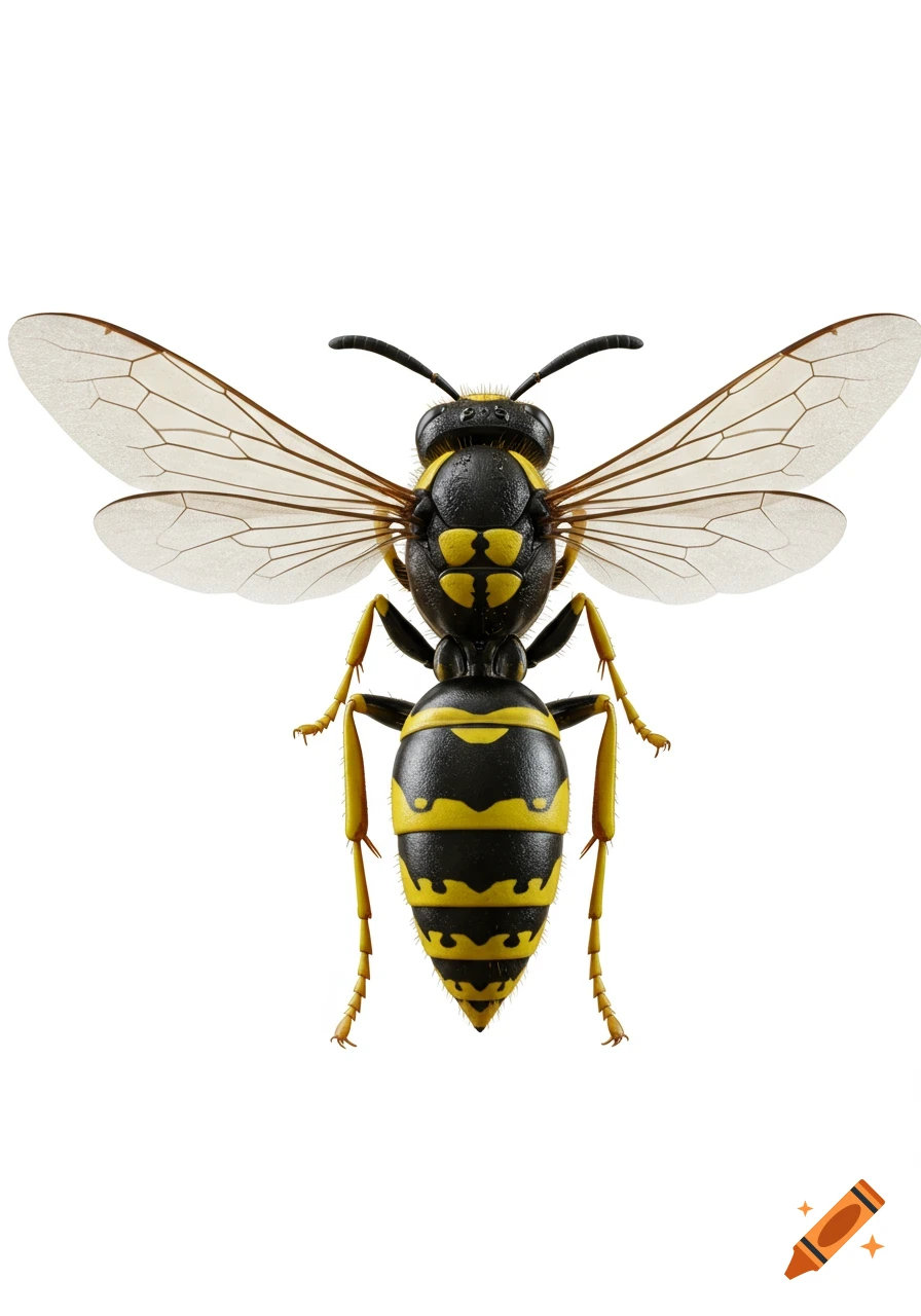 Detailed top-down view of a yellow and black wasp with transparent wings on a white background, photorealistic style.