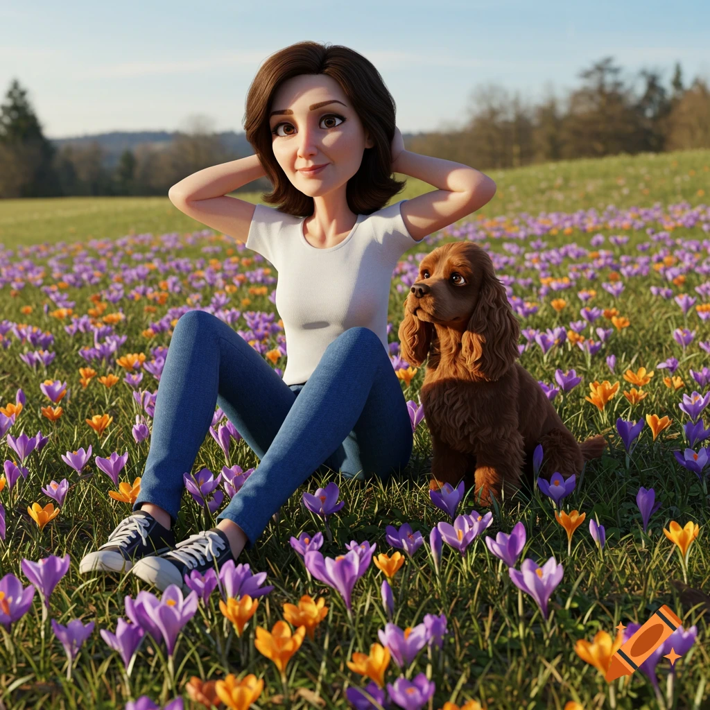 A cartoon woman with brown hair sitting in a field of purple and orange crocus flowers with a brown cocker spaniel dog.