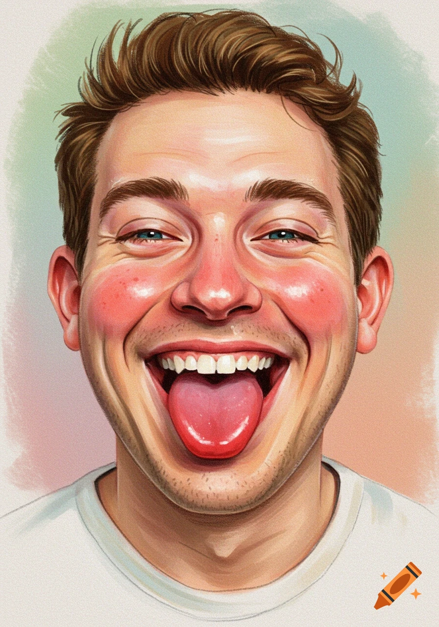 Colored pencil drawing of a happy man with bright blue eyes, smiling widely and sticking out his tongue.