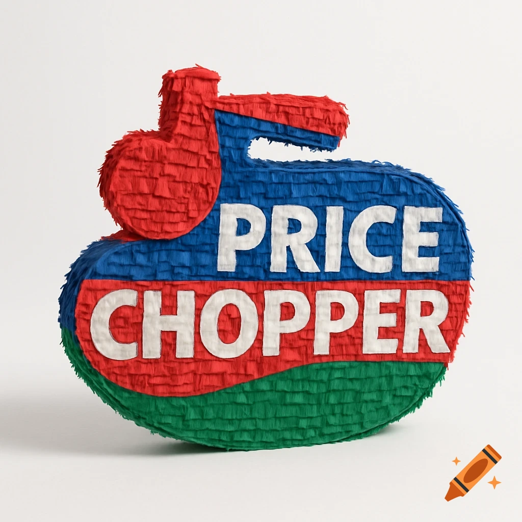 A piñata shaped like the red, blue, and green Price Chopper grocery logo, featuring "PRICE CHOPPER" text, on a white background.