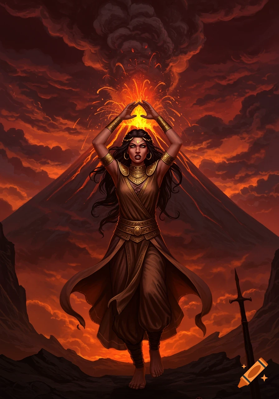 A fantasy illustration of Naheeri with hands raised, standing before an erupting volcano under a maroon, smoky sky.