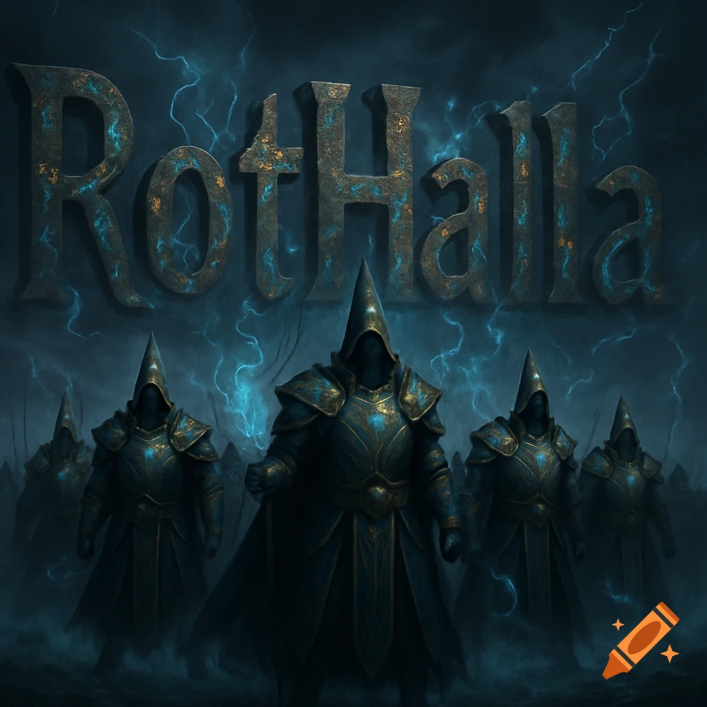 An army of dark, hooded wizard warriors in ornate armor stands under large text 'RotHalla' amidst blue lightning and mist.