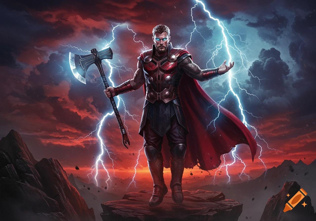 A powerful superhero in red armor and cape with glowing eyes, floating amidst blue lightning and holding an axe under a dramatic red sky.