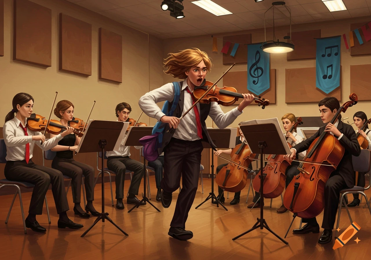 A dynamic illustration of students in an orchestra classroom, with one student running while playing the violin amidst seated musicians.