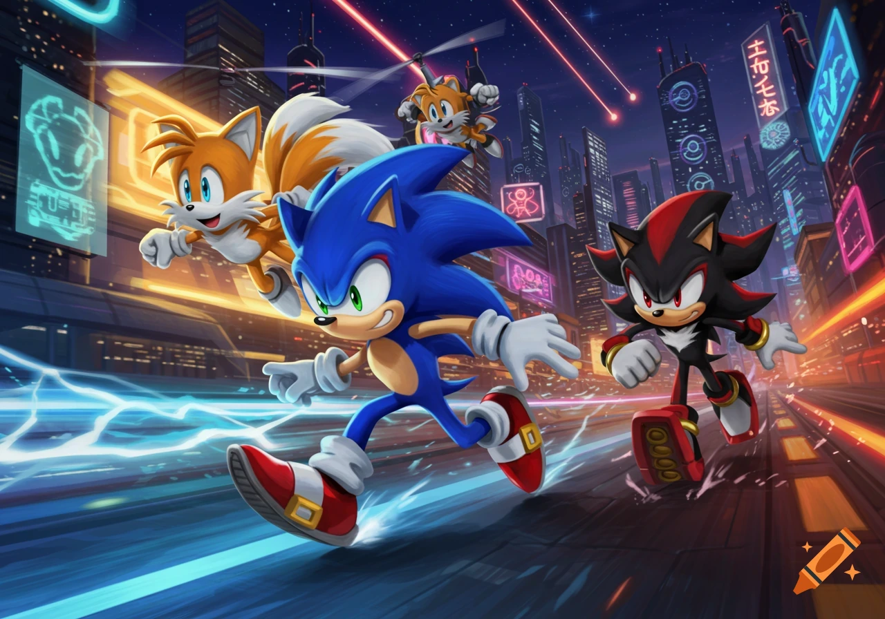 Sonic, Tails, and Shadow race through a futuristic, neon-lit city at ...