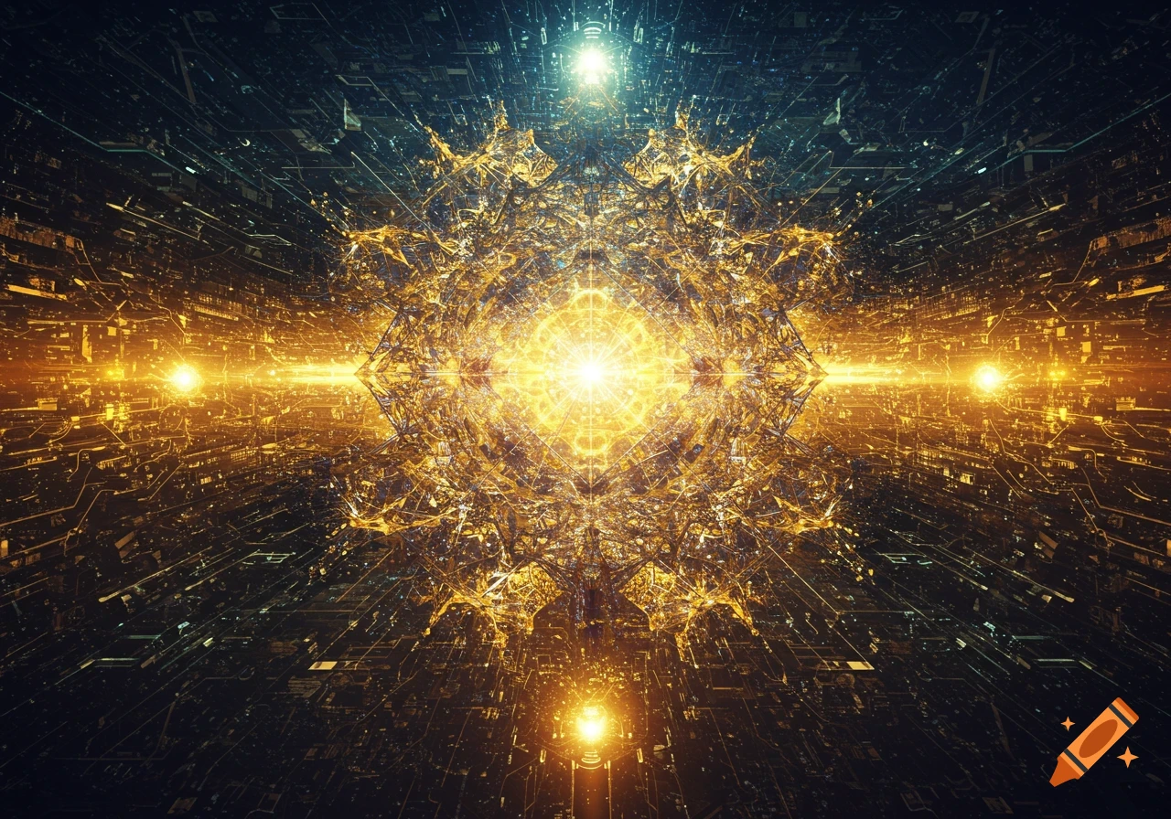 Abstract digital art with a central golden light, symmetrical circuitry patterns, and a dark background.