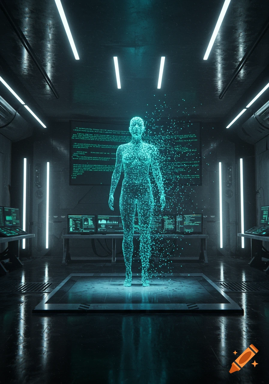 A glowing teal humanoid figure made of particles stands in a dark, futuristic lab with illuminated computer screens showing data.